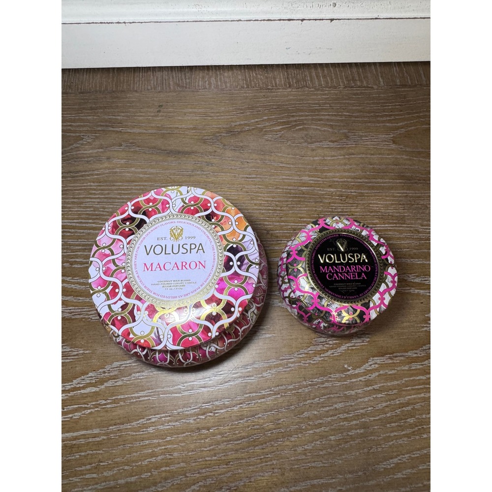 Voluspa Candle Set Macaron 11oz 2-Wick & Mandarino Cannela 4oz Tins Pink Gold